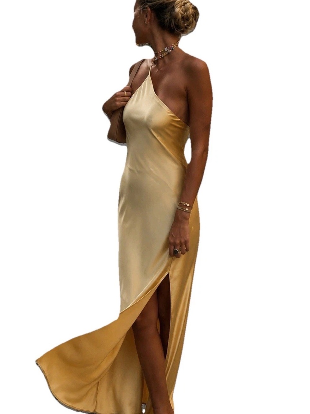 Commense Satin One Shoulder Dress Gold Maxi Slip Dress Small Side Slit